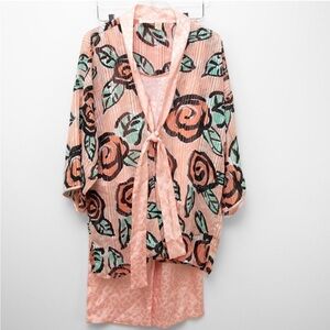 Vintage Victoria's Secret Gold Label 3 Piece Pajama Set Floral Peach Green Med